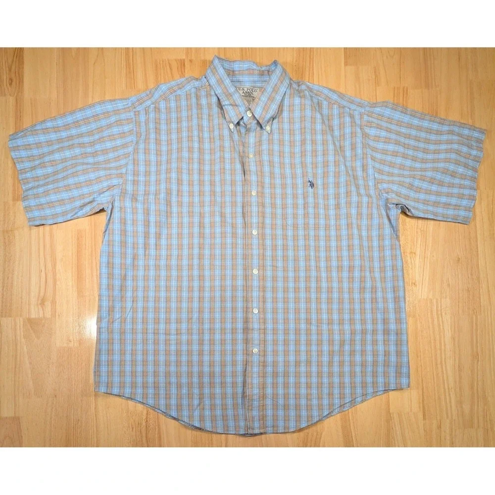Lot of 2‎ US Polo Assn Mens 2XL Short Sleeve Button Down Plaid Cotton Shirts